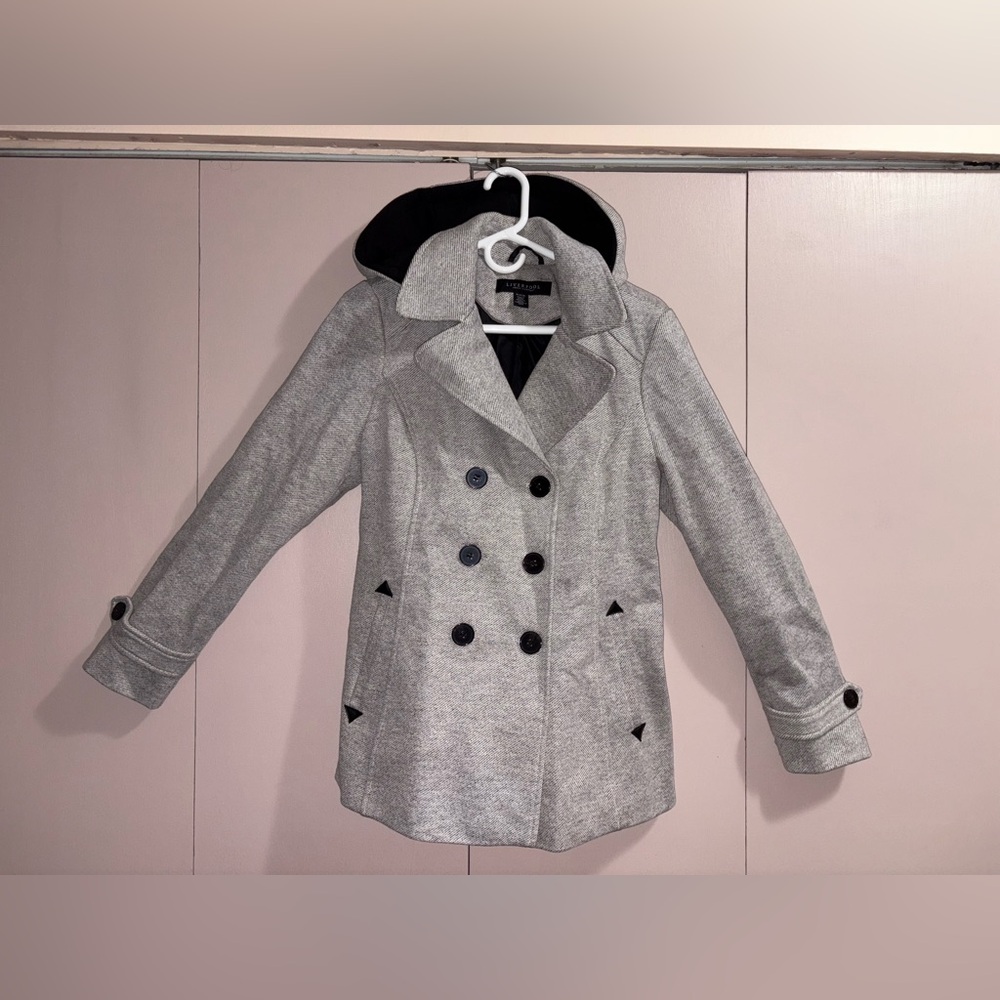Liverpool Jeans Company Hooded (Removable) Gray Pea Coat Ladies Medium